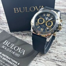 New Bulova Marine Star 98B277 Men's Quartz Watch Black Rubber Strap 44 mm