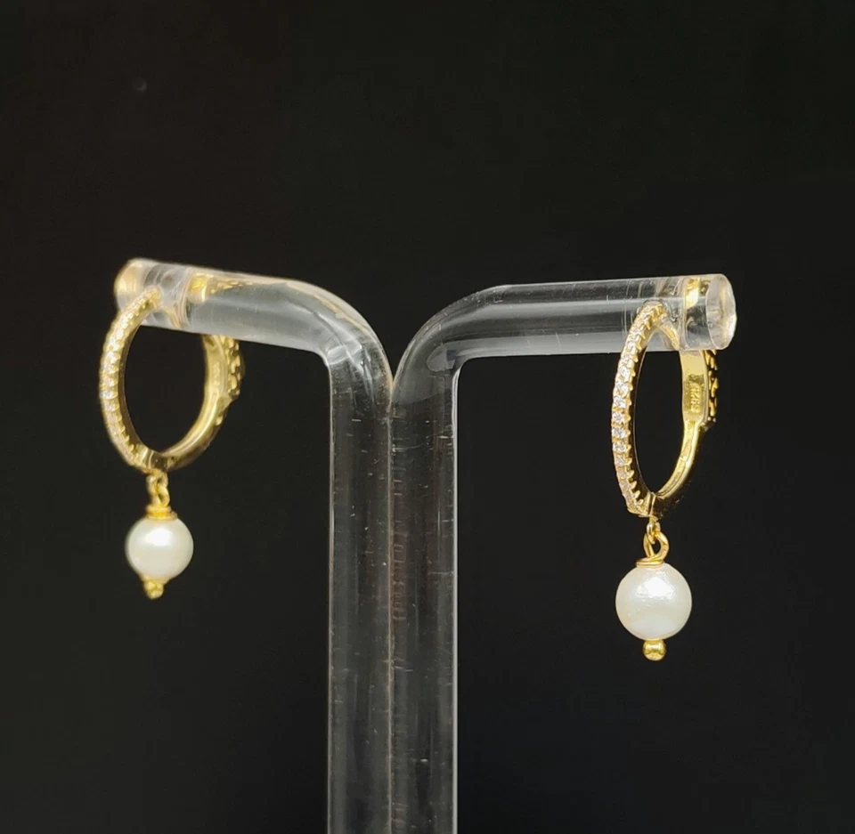 Orecchini donna cerchio argento 925 perle vere pendenti a lobo piccoli eleganti - Immagine 2 di 4