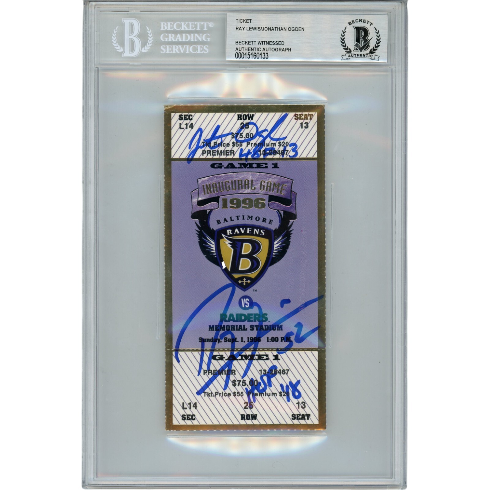Ray Lewis Autographed Signed Jonathon Ogden Baltimore Ravens 9/1/96 Ticket HOF Beckett 
