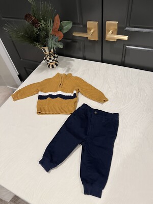 Janie and Jack Outfit Bundle Autumn Yellow Sweater Navy Pants