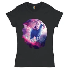 Cat Riding a Llama in Space T-Shirt Weird Galaxy Moon Creative Women's Tee
