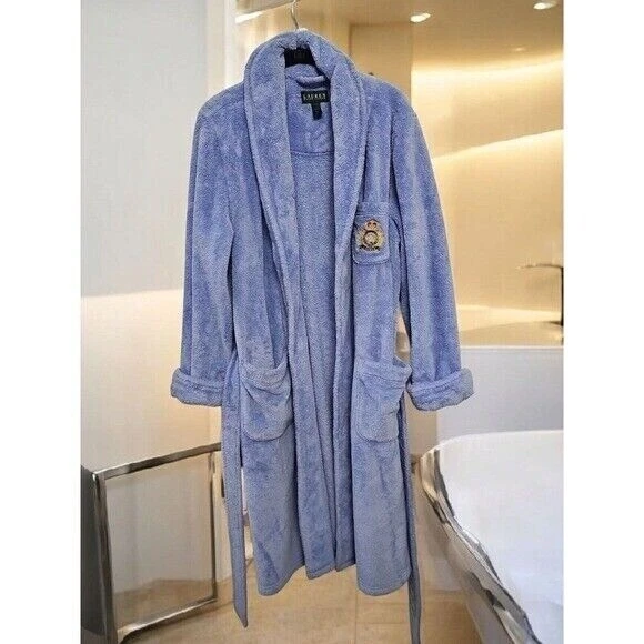 Lauren Ralph Lauren Bata de Felpa Acogedora Spa Baño Dormir Ropa de Salón Azul Cresta Logo XL Foto 4 de 4