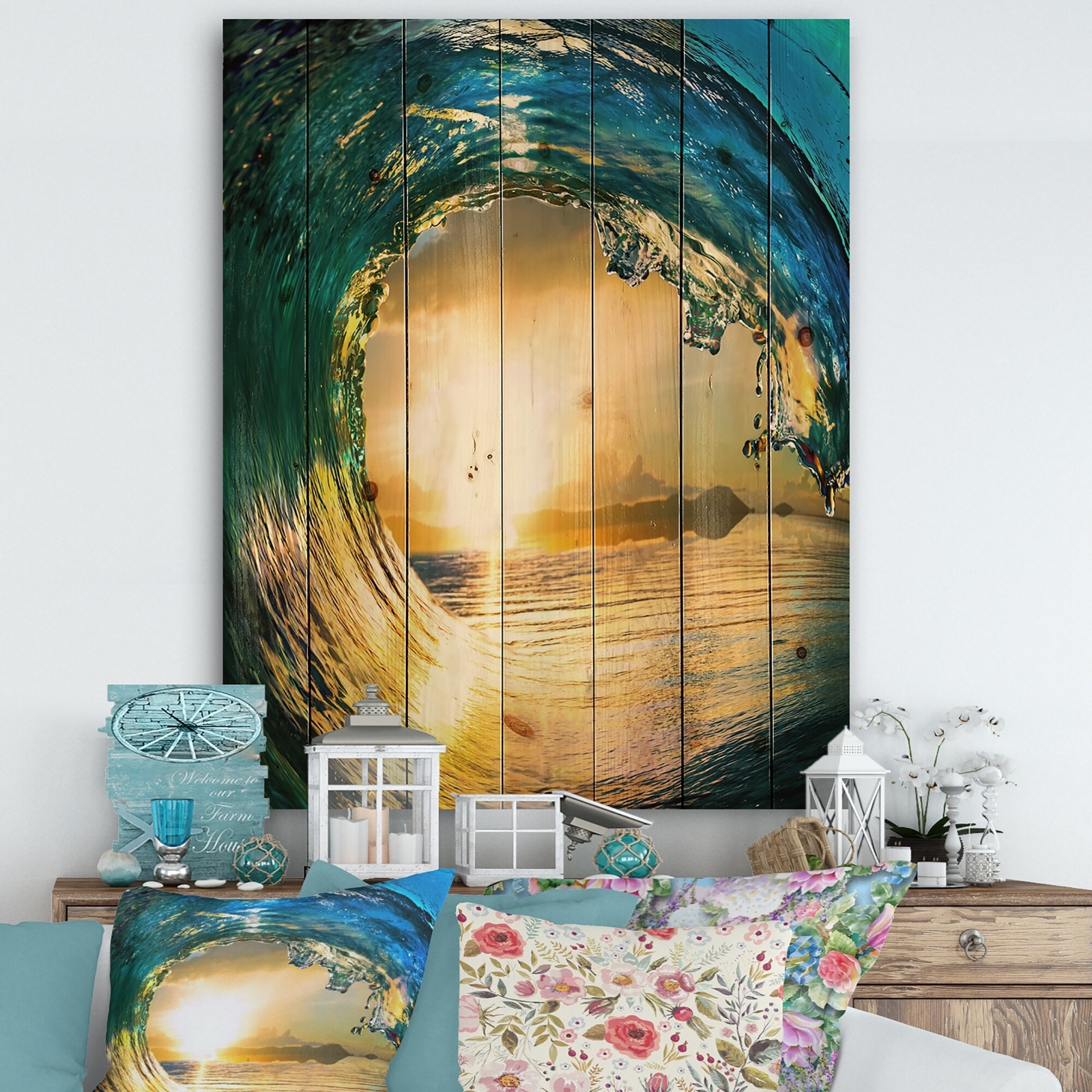 Designart 'Colored Ocean Waves Falling Down II' Modern  Small