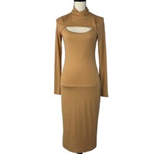 And Now This X-Small Midi Bodycon Dress Turtleneck Long Sleeve Stretch Tan Lined