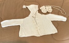 Vintage - Baby Layette White Knit Hooded Sweater and Thumbless Mittens