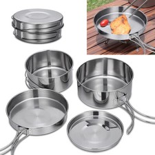 4X Stainless Steel Cookware Set BBQ Camping Outdoor Cooking Pot Fry Pan Saucepan