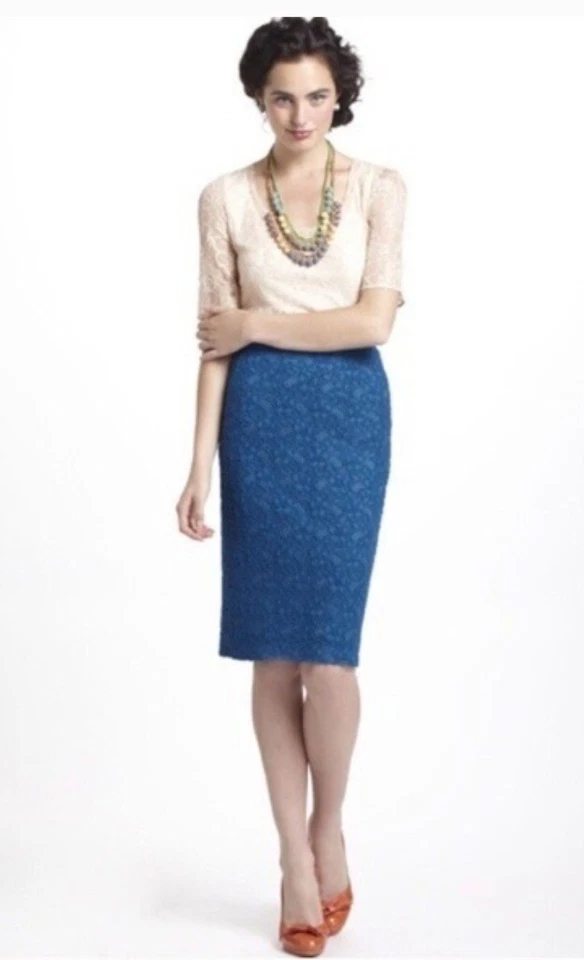 Womens Anthropologie Moulinette Soeurs lace lapis blue pencil skirt size L