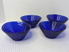 Cobalt Blue Glass Bowls Studio Art Ribbed Vintage Salad Ice Cream Dish Set Of 4