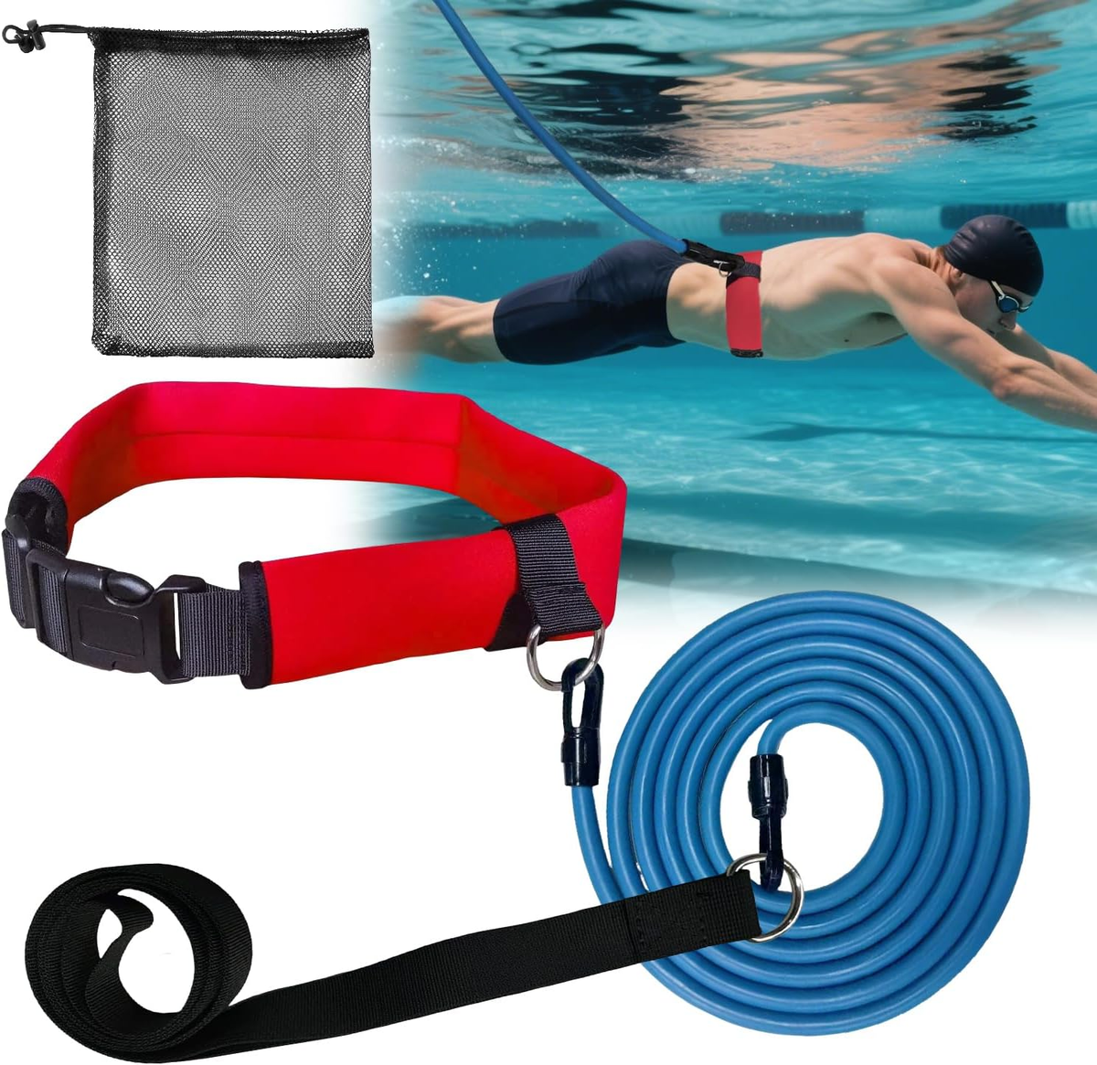 Swim Tether Resistance Belt – Stationary Bungee Swim Trainer Harness for  Adult P
