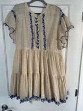 Free People Embroidered Mini Dress Ivory Blue Boho Bohemian Cottagecore Small