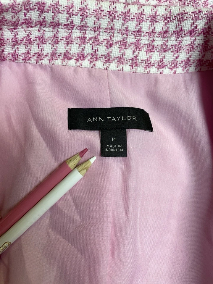 NUEVO Blazer Ann Taylor Talla 14 Rosa Pata de Gallo Chaqueta Bolsillos Newbury Fácil Cuidado Foto 2 de 4
