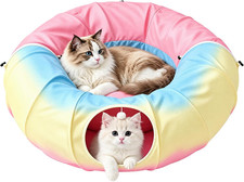 3-In-1 Cat Tunnel Bed Circular Hide Seek Cave Toy with Washable Mat Rainbow Circ
