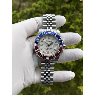 Seiko NH34 Mod Watch Automatic GMT 40mm White Dial Red Blue Bezel