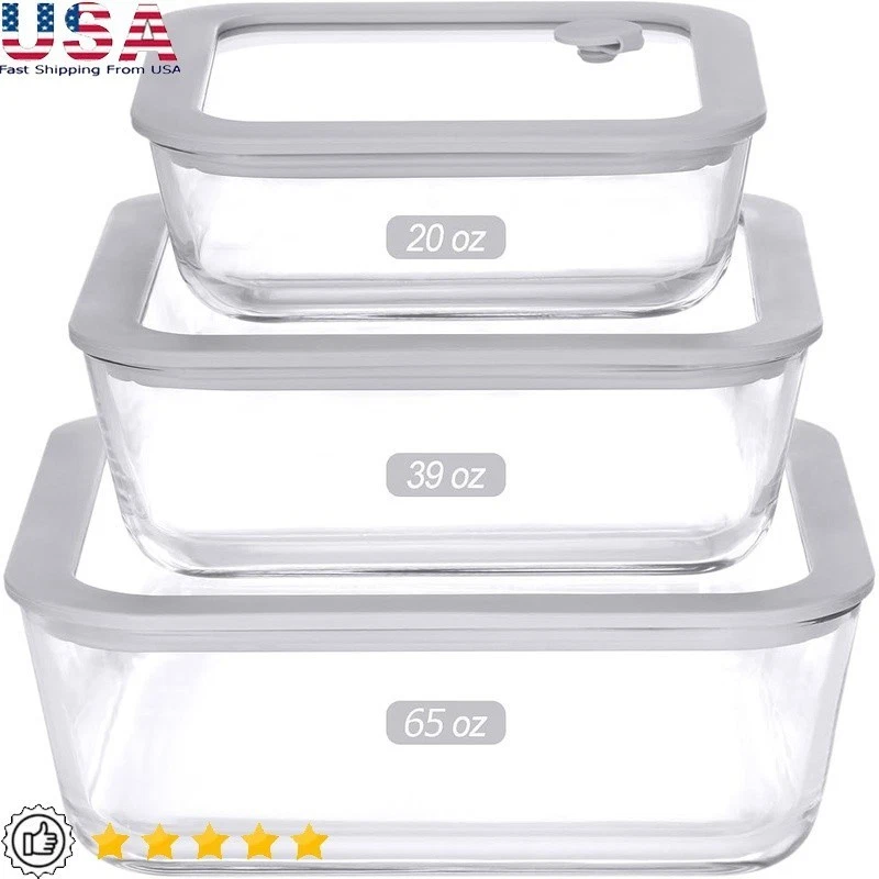 Airtight Glass Containers Set Silicone Lid Microwave Safe Dishwasher Leak Proof