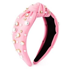 Valentine's Day Pearl Jeweled Knotted Headband - Heart Rhinestone Pink Bead
