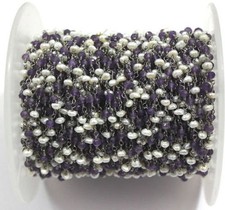 5 Feet Pearl, Amethyst Rondelle 3-4mm Beads, Rosary Beaded Chain Black Wire