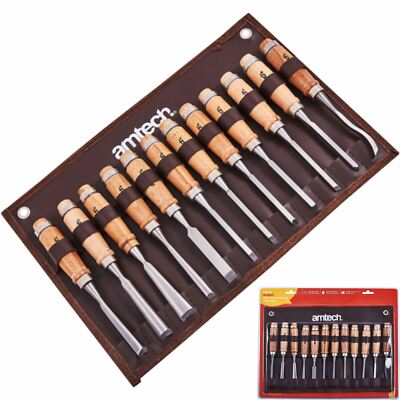 Amtech 12 Stck. Holz Skulptur Schnitzmesser Meißel Stahl Werkzeug Klingen Kit Set