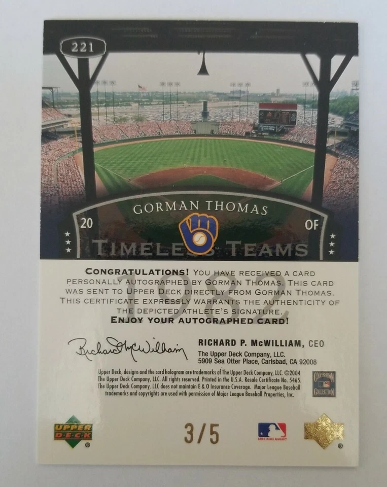 Gorman Thomas 2004 UD Legends Timeless Teams GOLD on card Auto 3/5 BREWERS - Image 2 of 2