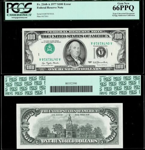 INVERTED OVERPRINT ERROR $100 1977 FEDERAL RESERVE NOTE PCGS GEM NEW 66 PPQ
