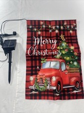 Merry Christmas Red Truck Christmas Tree 18”x12” Solar Light Flag 2 Modes+ Timer