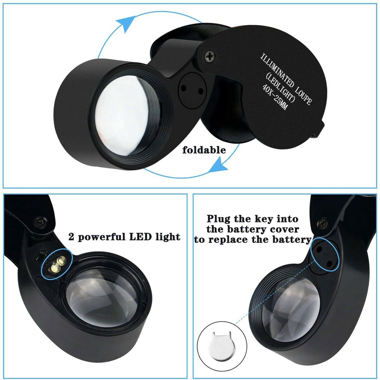 40X Magnifying Loupe Jewelry Eye Glass Magnifier LED Light