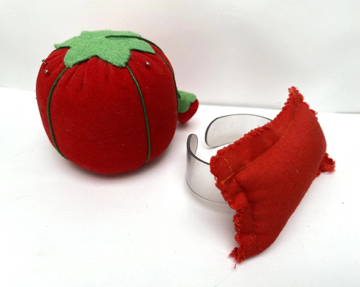 vintage red tomato pin cushion sewing needle holder fabric pincushion  supplie HC