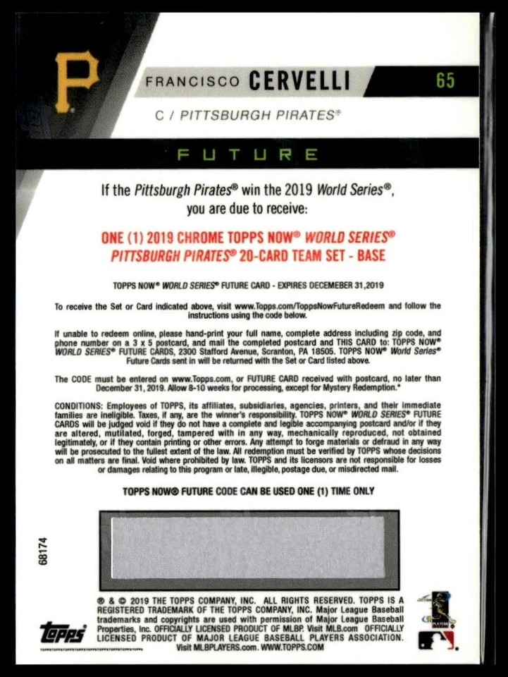 2019 Topps Now Future Award Winners 65 Francisco Cervelli Pittsburgh Pirates - Image 2 of 2