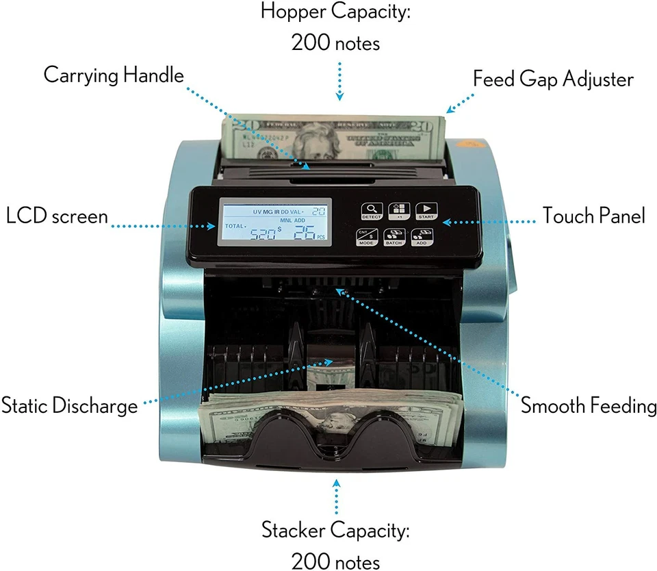 Idletech BC-1100 contador de notas azul com detecção de falsificação MG, UV, IR - Imagem 2 de 4