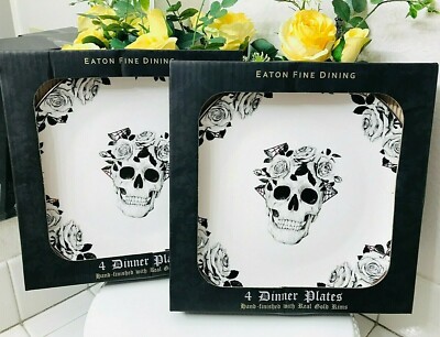 Halloween Dead Skull N Roses 8 Floral Gothic Dinner Plates Set EATON FINE DINING