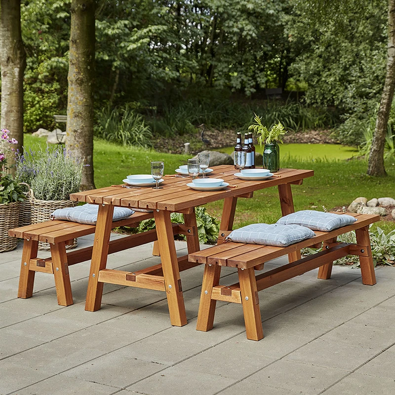 Sitzgarnitur Gartentisch Country Plankengarnitur 1 Tisch 2 Bänke teak farbgrund. - Bild 4 von 4