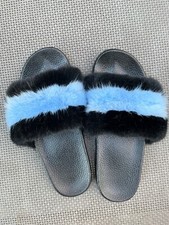 NEW Genuine Real Mink Fur BLACK LIGHT BLUE Slides Slippers Size 7