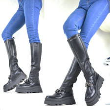 PROFILSOHLE DAMENSCHUHE TREND PLATEAU GOTHIC LUXUS STIEFEL-STIEFELETTEN KETTEN