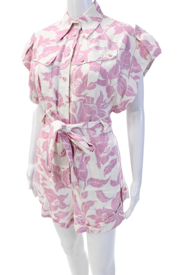 Zimmermann Women Floral Linen Short Sleeve Jumpsuit Collared Pink Size 0 - Image 2 of 4