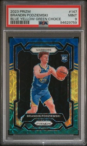 2023-24 Panini Prizm Choice Blue Yellow Green Prizm Brandin Podziemski RC PSA 9