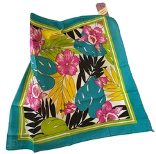 VTG FRANKS NOR NOVELTY BANDANA SCARF BLUE PINK TROPICAL FLORAL ORCHID MADE USA