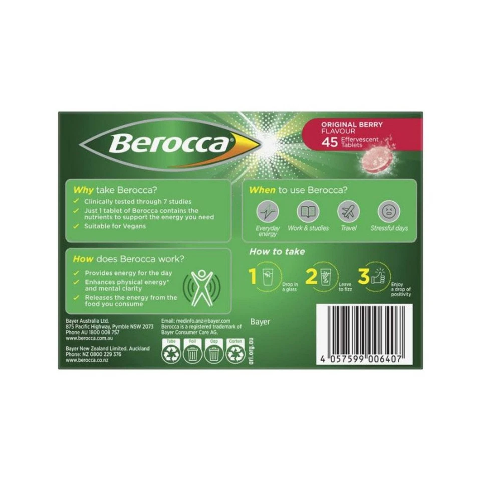 Berocca Comprimidos Efervescentes Energéticos Original Berry - 225 Comprimidos (Paquete de 5 × 45) Foto 4 de 4