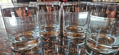 Set of 4 MCM Silver Bands Doubles-Rocks Glasses, Unbranded, Sturdy & Heavy
