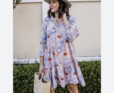 Roller Rabbit floral long-sleeve dress Women s Medium Peach Blue Bohemian Hi Low