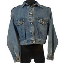 Vintage 80s Cropped Denim Jacket Studded Rhinestone Buttons USA Made Opal Size S