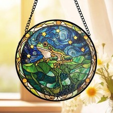 Frog Suncatcher Stained Glass, Starry Sky Window Decor, Nature Fantasy Style,
