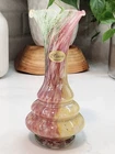 VintagevMurano Art Glass Vase Ruffled Top Pink Green Yellow Beautiful Piece