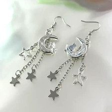 Stainless Steel Dangle Hook Earrings Crescent Moon and Stars