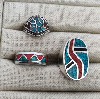Lot of 3 Sterling Silver Navajo Rings w/ Turquoise & Coral Chip Inlay