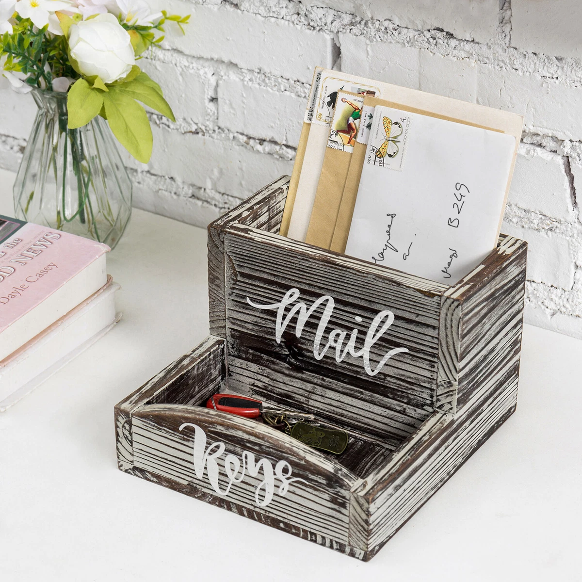 Rustic Torched Wood Tabletop Mail Organizer Key Holder Storage