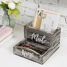 Rustic Torched Wood Tabletop Mail Organizer Key Holder Storage Tray w/ Labels