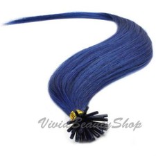 25 Blue Pre Bond I Stick Tip Micro Bead Link Tube Remy Human Hair Extensions 22"