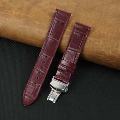 Burgundy Leather Watch Band Men Deployment Buckle Flat Crocodile Watch Strap