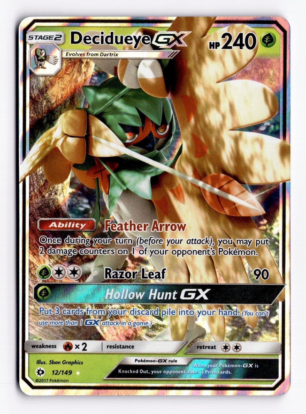 Decidueye GX 12/149 Ultra Rare - Sun& Moon Base Set Pokemon Card - Near Mint