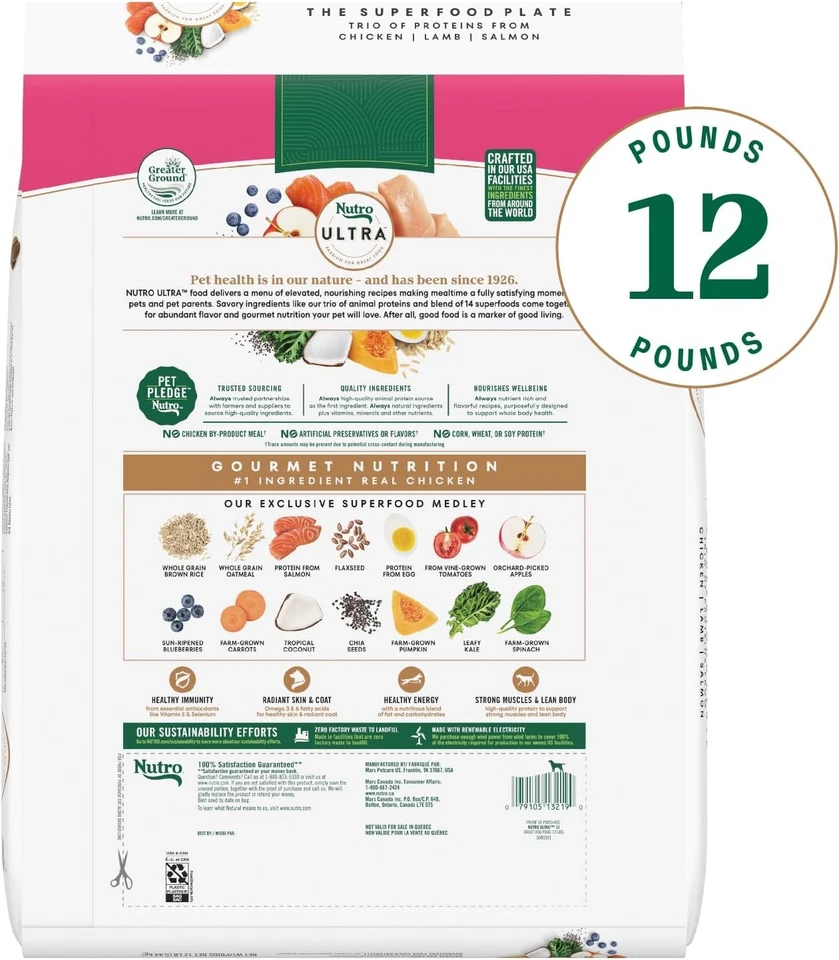 Comida seca para perros ultra adultos de raza pequeña, proteína de pollo, cordero y salmón, bolsa de 12 libras Foto 2 de 4