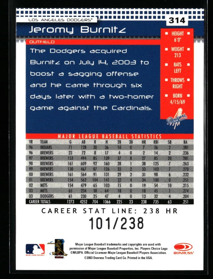 Jeromy Burnitz 2004 Donruss #314 Stat Line Career #/238 Los Angeles Dodgers - Image 2 of 2